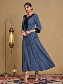 Al Najma Women's Solid Color Casual Fashionable Minimalist Contrast Color Patchwork Tie Waist A-Line Arabic Style Dress - Navy Blue - View 5
