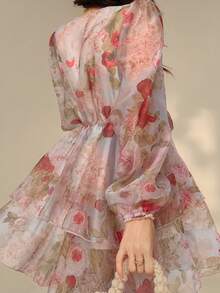 Vestido de manga larga con cuello en V con estampado floral rosa, estilo francés, vestido mini de línea A de gasa con cintura anudada, vestido de primavera estilo boho para vacaciones para mujer - Rosado Sandía - Ver 3