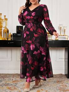 SHEIN CURVE+ Váy dạ hội dài tay cổ chữ V in hoa cỡ lớn/2026/Năm mới - Màu Đỏ Sâu - Xem 3