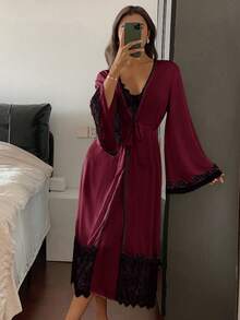 DAZY 2pcs Women's Sleepwear Set: Contrast Color Lace Patchwork Robe & Slip Dress, Spring - Burgundy - View 5