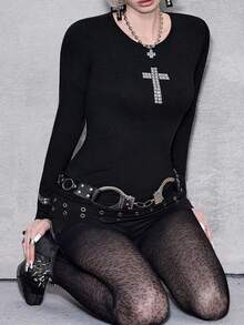 ROMWE Avant Y2K Punk Cross Rivet Design Fitted Long Sleeve Solid Color Versatile Women T-Shirt, Plus Size - Black - View 8