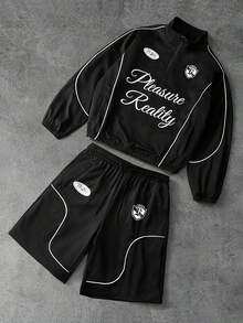 PAVTROS 男士休闲字母印花拉链连帽衫和短裤套装 - 黑色 - 查看 1