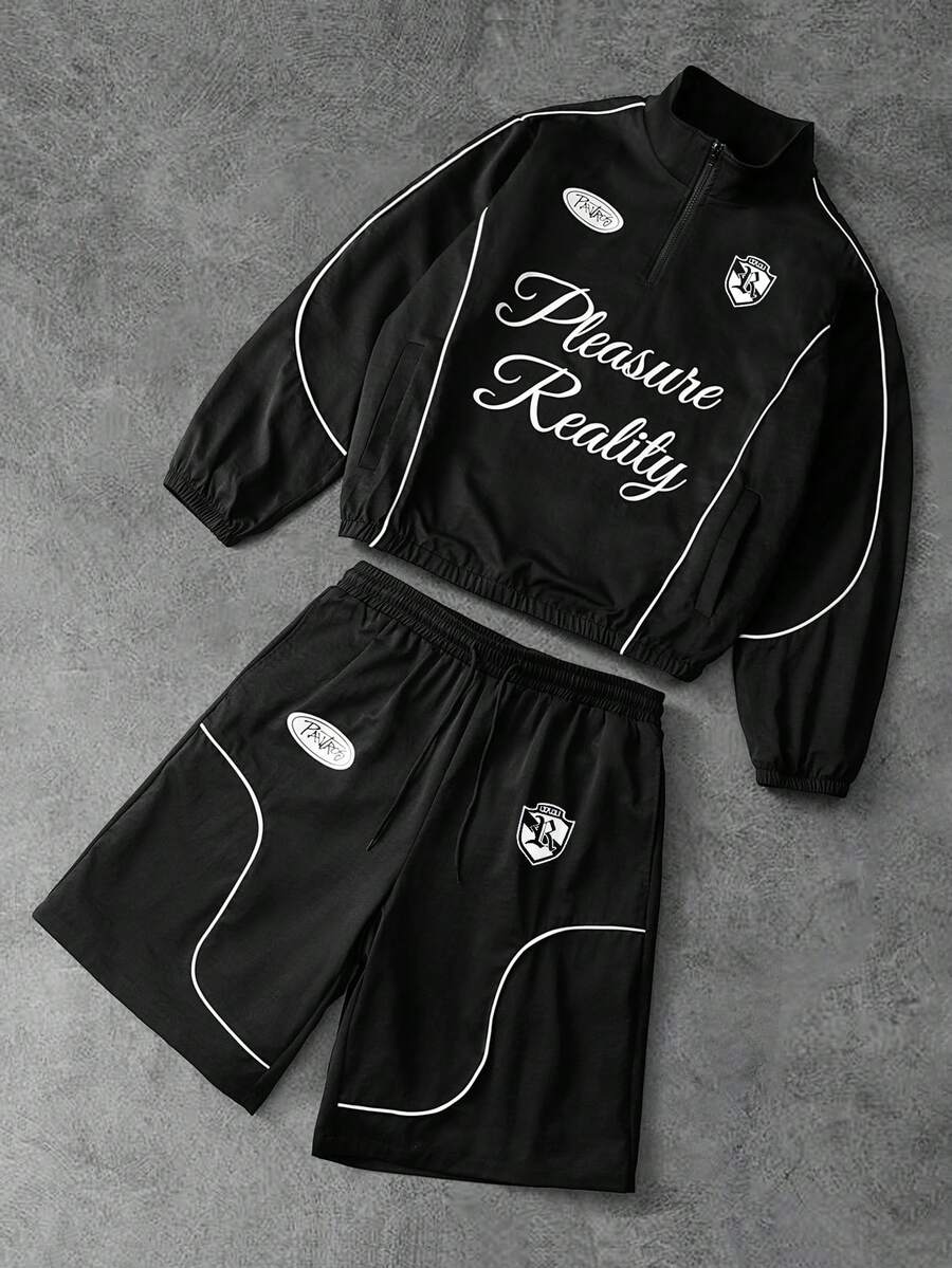 PAVTROS 男士休闲字母印花拉链连帽衫和短裤套装 - 黑色 - 查看 1