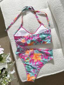 Swim Lushoire 2件套女士成熟花卉印花交叉绑带露背泳衣套装，玫瑰红底色，春夏款 - 彩色 - 查看 7