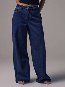 MUSERA 中腰阔腿牛仔裤，中蓝色水洗银色纽扣细节，中腰休闲，适合秋季、冬季、夜间外出、返校、办公室、工作、约会等场合，是经典牛仔风的春夏之选。 - 藍色 - 查看 3