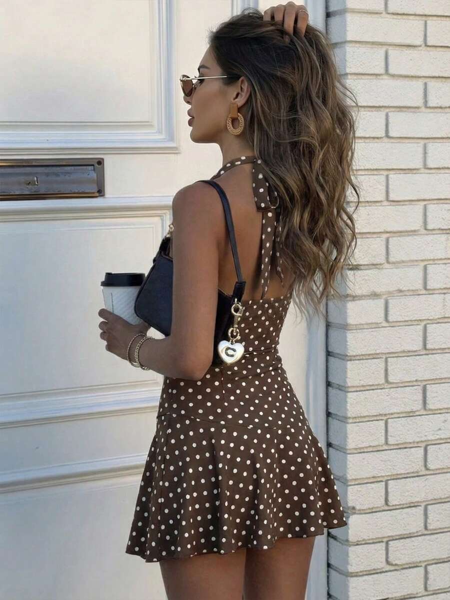 Cévolie Women's Sexy Backless Polka Dot Print Draped Neck Tie Front Beach Vacation Dress - Coffee Brown - View 1