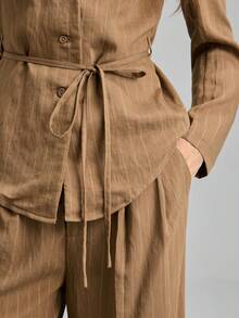 Ontre 两件套：棕色条纹西装外套和条纹长裤，适合现代都市派对、返校季、休闲波西米亚风、度假、节日、春季、情人节狂欢节、女士海滩派对优雅装扮 - 咖啡棕 - 查看 8