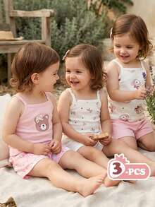 Vintaside Kids 3件套女婴提花吊带背心。无袖设计，清爽透气，可爱时尚，马卡龙粉彩色系，甜美又显身材。面料柔软舒适，休闲可爱风格，适合春夏外出、户外玩耍、度假、日常穿着和旅行。 - 彩色 - 查看 5