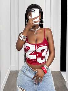 SHEIN BamGlam Áo camisole dáng ôm ngắn in họa tiết kỹ thuật số thời trang mùa hè - Đỏ - Xem 4