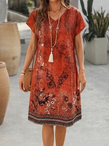 EMERY ROSE Women's Summer Short-Sleeved Dress With Geometric Pattern Print Loose Women Vacation Boho Casual Dress,Spring Dresses For - Orange - View 6