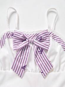 SHEIN ChillGRL 2pcs/Set Teen Girls' Sweet Casual Bow Tie Camisole Top Paired With Textured Print Wide Leg Pants Set, Suitable For Daily, Commute, Casual, Vacation, Party, Street Style - Mauve Purple - View 6