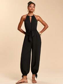 Travachic 女士纯色针织露肩连体裤，春夏款 - 黑色 - 查看 6