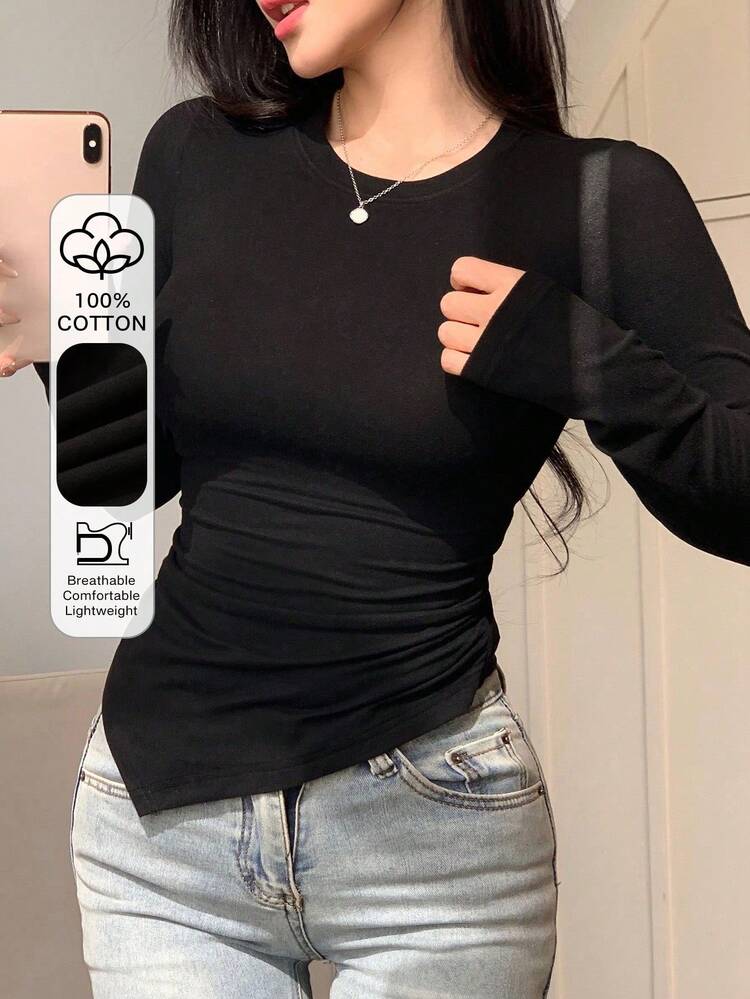 Women's Fitted Crew Neck Long Sleeve Asymmetrical Hem Cotton T-Shirt