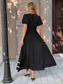 Pariaura French Retro Waist Cinched Long Dress/V-Neck Waist Cinched For Date & Commute/Puff Sleeves/Elegant Dress - Black - View 2