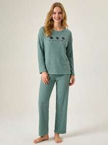 Loomlin 100%Cotton Floral & Slogan Graphic Ribbed Knit Lounge Set