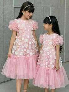 SHEIN 女童雪纺碎花荷叶边圆领休闲连衣裙 - 白色 - 查看 1