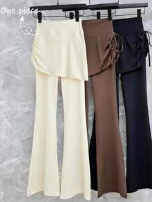 SHEIN Franclia Women's New Fashion Casual Spring/Summer/Autumn Concealed Crotch 2 In 1 Slimming Solid Color Elastic Fitted Dance Yoga Latin Flare Leggings - Apricot - View 2