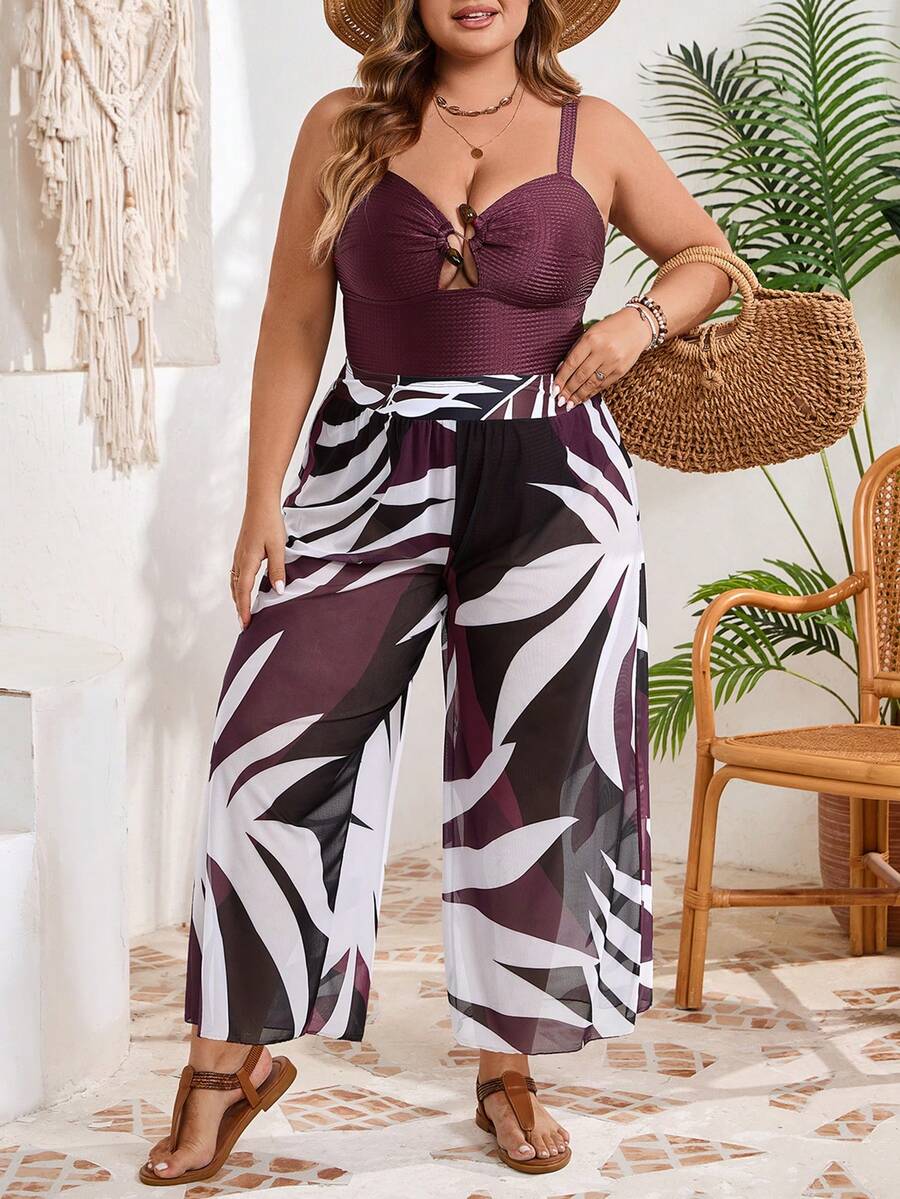 SHEIN CURVE+ Plus Size Women Chest Decor Design Beach Vacation One-Piece Swimsuit - Burgundy - View 1