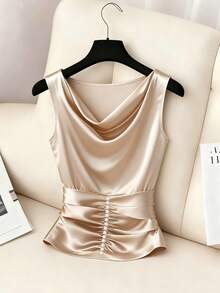 Franclia 时尚简约垂褶领口饰边串珠针织吊带背心，优雅修身休闲女式上衣 - 杏色 - 查看 3