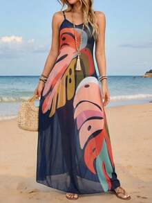 Breezaya 女士夏季服装 夏季女士热带植物印花沙滩罩衫，带可调节肩带 - 霧霾藍 - 查看 4