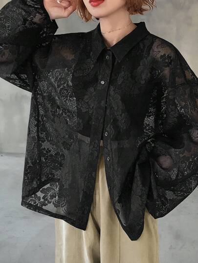 FRIFUL 女士纯色褶皱薄纱蕾丝衬衫领长袖宽松休闲轻薄外套，适合春夏穿着