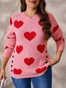 EMERY ROSE Plus Size Women Heart Pattern Button Decor Casual Pullover Sweater, Suitable For Autumn/Winter, Valentine's Day - Pink - View 4