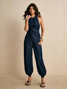 Poéselle 女士纯色露背休闲吊带牛仔上衣 女士背心 女士上衣和衬衫 女士职业装 女士夏季连体裤 女士牛仔裤 女士休闲装 女士度假套装 女士服装套装 - 深色水洗藍 - 查看 1