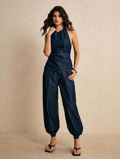 Poéselle Women's Solid Color Backless Casual Halter Denim Top Womens Vest Tops Womens Tops And Blouses Work Outfits Women Summer Womens Overall Jumpsuits For Women Jeans Women Casual Outfits Women Vacation Outfit Sets Women Clothes Sets