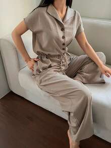 DAZY 女士极简半拉链收腰连体裤家居服 - 卡其色 - 查看 6