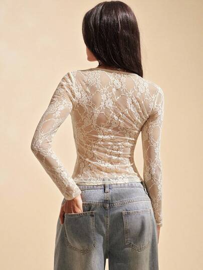 Easelle Women's Lace Knit Ruffled Sexy Fitted Top, Sheer Lace Valentine's Day Top, Romantic Valentine's Day Innerwear