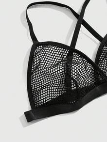 ROMWE Goth 女士哥特式交叉网眼三角杯文胸和内裤性感内衣套装 - 黑色 - 查看 4