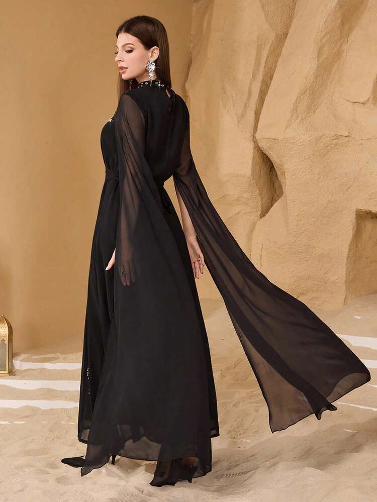 Modelyn فستان أنيق مزين بالخرز للنساء ذو تصميم رشيق - الأسود - مشاهدة 2