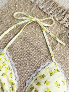 INAWLY Women's Lace Trim Halter Neck Bikini 2 Pieces Set, Fashionable Summer - Light Yellow - View 4