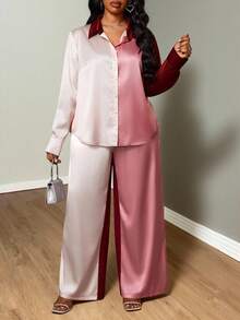 Truni Plus Size Women's Contrast Color Loose Long Sleeve Shirt And Pants Set, With Pocket And Button Details, Suitable For Dates, Parties, Commuting, Pear-Shaped Figure Blouse And Pants Set Pant Suit Set Plus, For Pear Triangle Body Shape - Multicolor - View 7