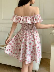 Celisse Women's Elegant Ditsy Floral Off-Shoulder Ruffle Contrast Bow Tie Waist Vacation Dress - Pink - View 2