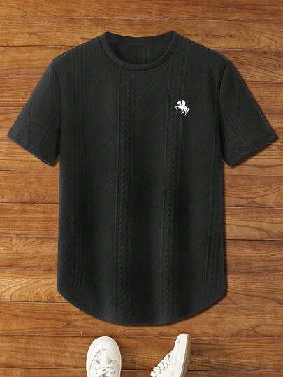 HIMLAND Men's Knight Embroidery Round Neck Short Sleeve Casual Versatile T-Shirt, Men's Textured T-Shirt, Cable Knit Tee, Jacquard T-Shirt Men, Lattice Pattern Shirt, Waffle Knit T-Shirt, Embroidered Horse Logo Tee, Premium Knit T-Shirt, Heavyweight Black Tee, Curved Hem T-Shirt, Men T-Shirt, Men's Knit T-Shirt, Summer 2026 Mens Short Sleeve T-Shirt Knit T-Shirt Men Curved Hem Tee Men Mens Casual Top Mens Textured T-Shirt Men Knit Top Knit Tshirt Men Men Short Sleeve Shirt