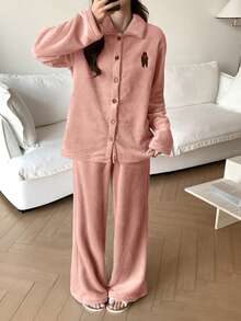 DAZY 2 Stücke/Set Plüschbär Muster bestickte Dekoration Damen Pyjama Set, Winter - Pink - Übersicht 6