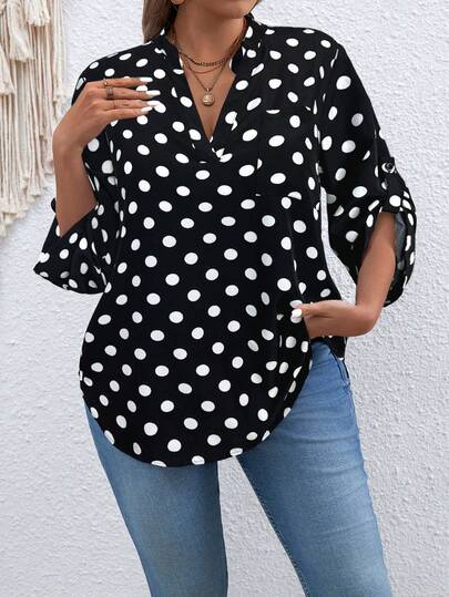 SHEIN Plus Size V-Neck Long Sleeve Polka Dot Retro Fashionable Blouse