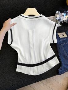 GlowEve Women's Contrast Color Single-Breasted Sleeveless Casual Knit Top - Black and White - View 2