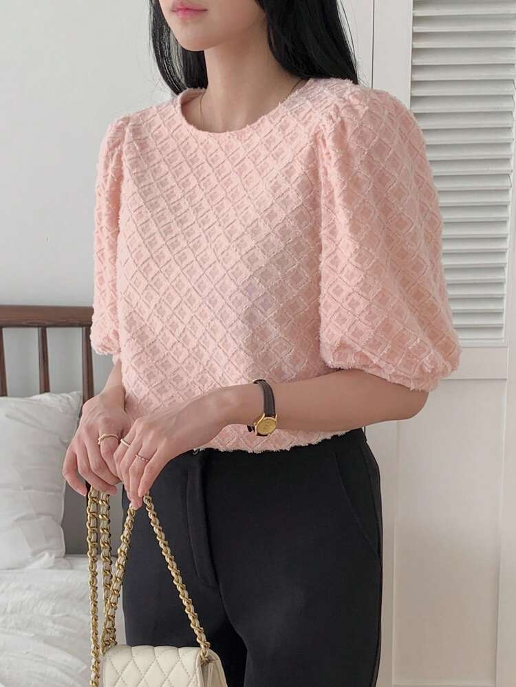 Women's Plaid Textured Round Neck Pullover Puff Sleeve Elegant Blouse, Suitable For Spring And Autumn
