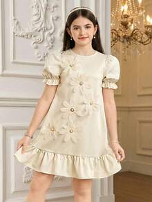 SHEIN 少女纯色泡泡袖3D立体花朵装饰A字连衣裙，香槟色，适合派对、婚礼花童等场合。 - 杏色 - 查看 12