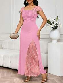 SHEIN Lady 派对宴会撞色亮片网纱蕾丝边修身连衣裙 生日/活动礼服/办公礼服/教堂礼服/婚纱/节日礼服/优雅礼服/派对礼服/婚礼宾客礼服 女款 - 藕粉色 - 查看 8