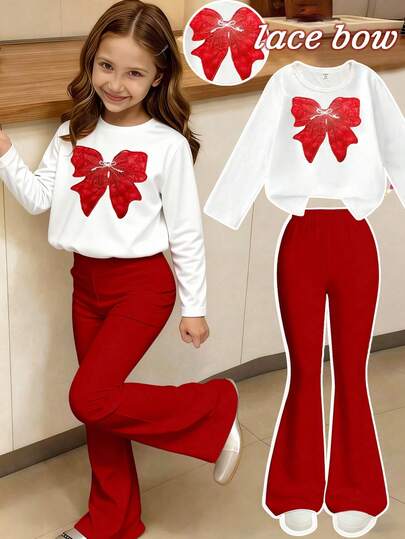 SHEIN ChillGRL Cute Tween Girls White Long Sleeve Sweatshirt With Red Bow Print And Matching Red Long Pants Co-Ord