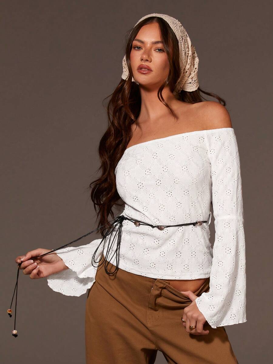 Athîral Women's Casual Off-Shoulder Long Sleeve White Knit Loose Fit Stretchy Top, Spring/Summer - White - View 1