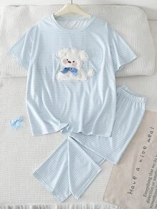 2pcs Women Summer Cute Cartoon 3D Dog Print Striped Round Neck Short Sleeve Loose Casual Pajama Set - Blue - View 5