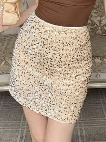 DAZY Chân váy ngắn ôm sát thanh lịch đính sequin dành cho nữ, thích hợp cho mùa xuân/hè, váy dự tiệc cưới. - Màu be - Xem 7