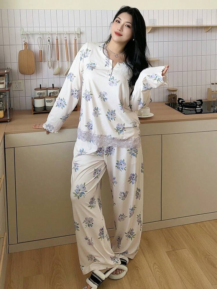 Dazy Plus Plus Size Elegant & Comfortable Floral Print Long Sleeve Top And Pants Pajama Set