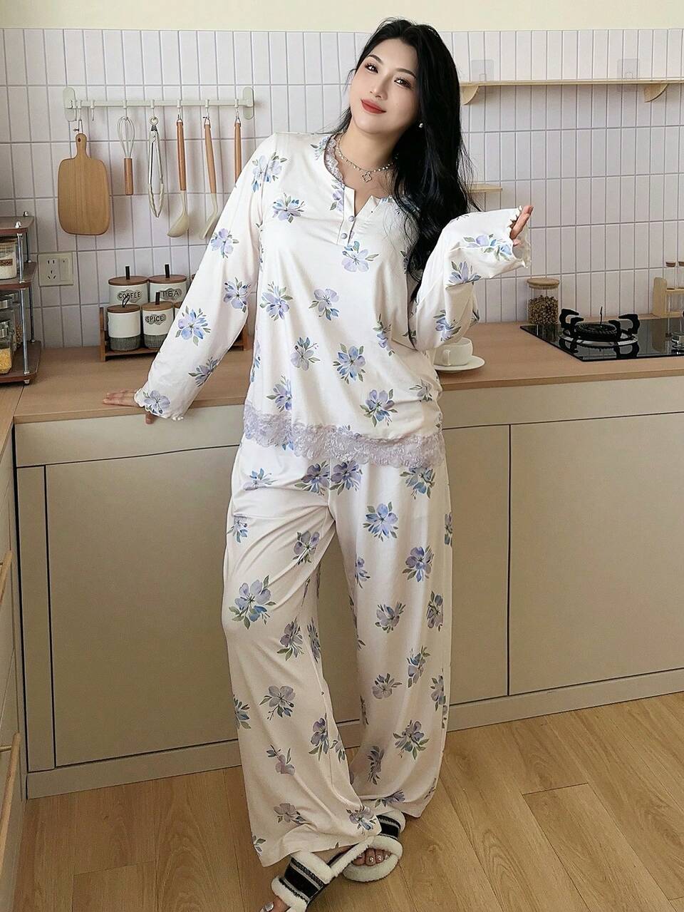 Dazy Plus Plus Size Elegant & Comfortable Floral Print Long Sleeve Top And Pants Pajama Set
