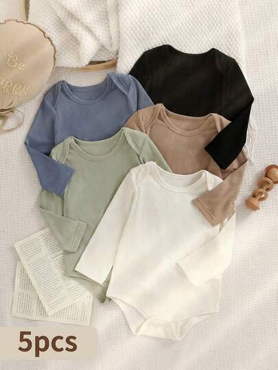 SHEIN Playful Pals 5pcs/Set Newborn Infant Casual Solid Color Versatile Long Sleeve Bodysuit, Suitable For All Seasons