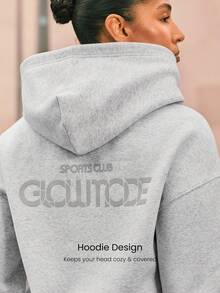 GLOWMODE Plus Size Everyday Fleece Cozy Core Soft Warm Loose Fit Velvety Textured Print Drawstring Sweatshirt Daily Casual Wear - Grey - View 3